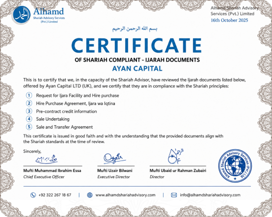 Shariah review certificate for the Ijarah finance documents
